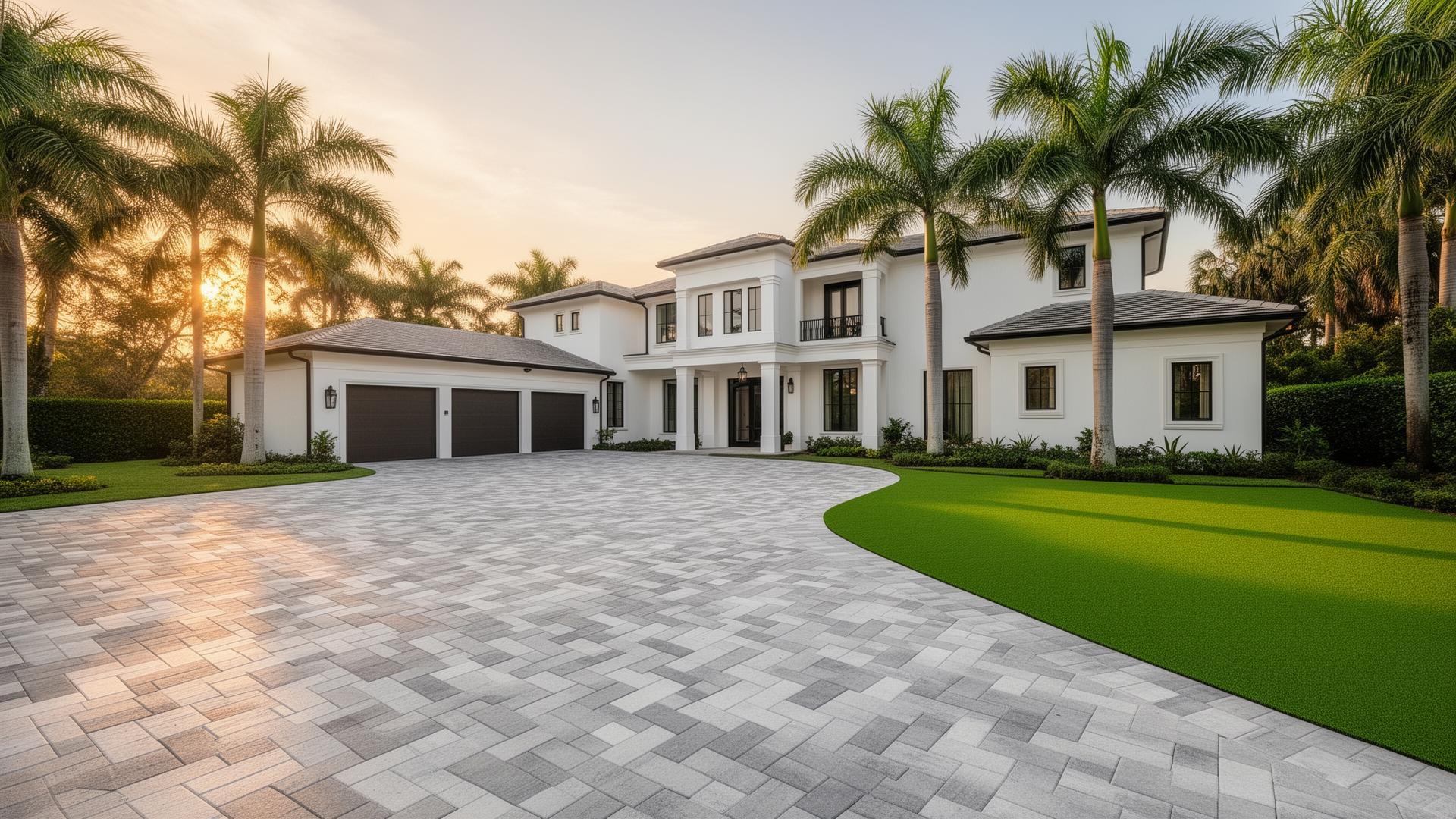 Luxury Florida home with paver driveway and artificial grass